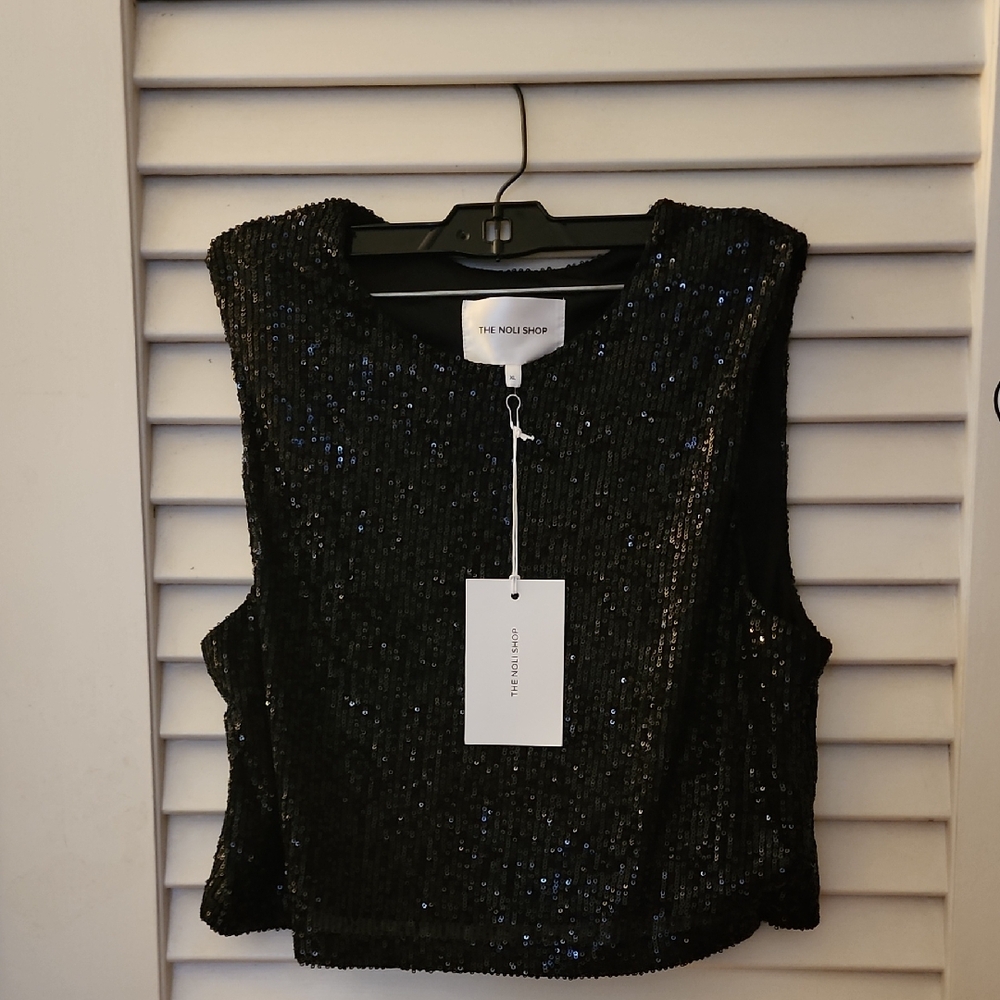 The Kooples Shimmering Black Sequin Crop Top